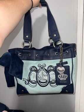 Juicy Couture Navy and Light Blue Embroidered Tote with Heart Charm